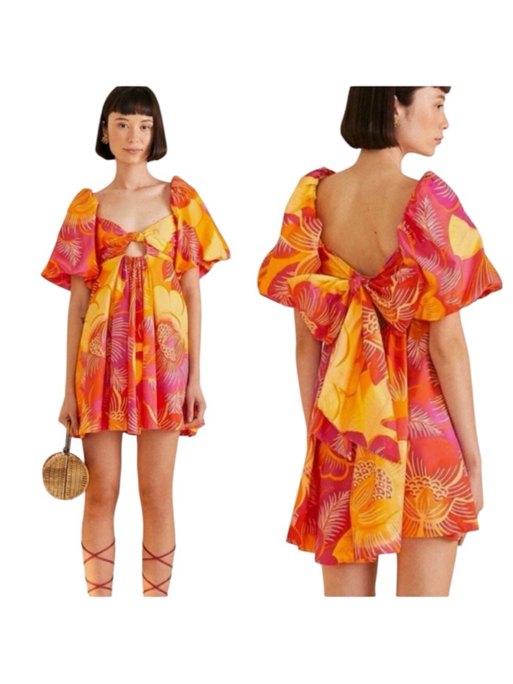 FARM Rio Puff Sleeve Cutout Dress NWT Size Large in Summer Garden Ombre